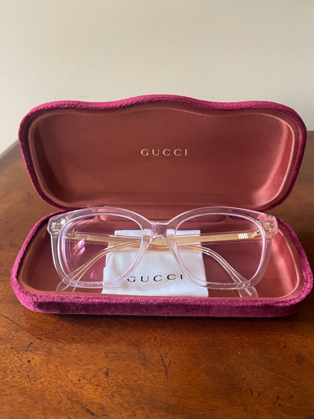 GUCCI, Clear Faint Pink Acetate Rectangle Cat Optical Frames